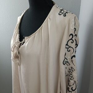 Odd‎ Molly Blouse Womens 4 Beige Embroidered Boho Peasant Top Tassels 716T-563